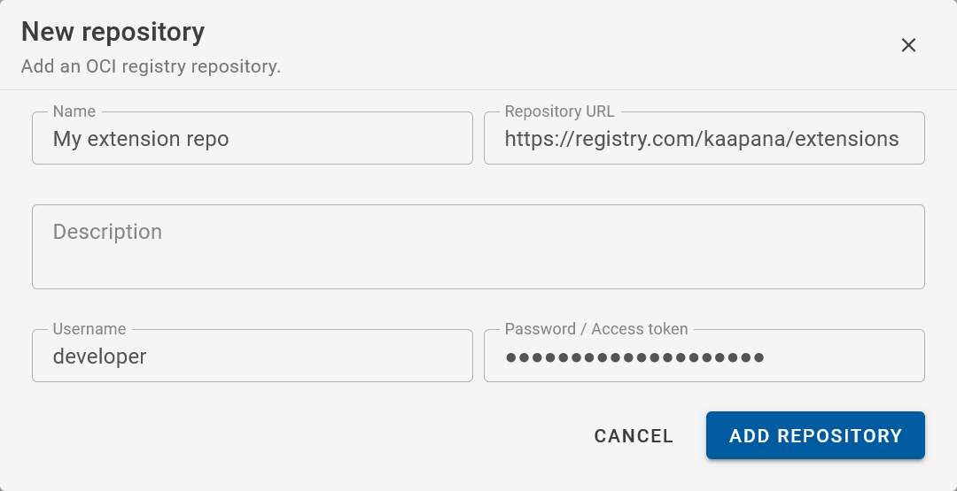 New repository dialog in the Extension Manager